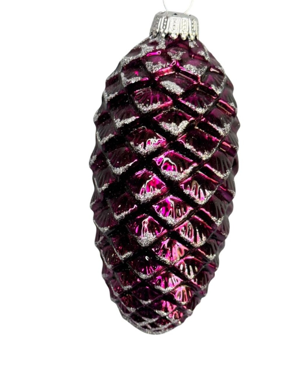 Vintage German Amethyst Pinecone Glass Christmas Ornament Silver Glitter 4" - Picture 3 of 6